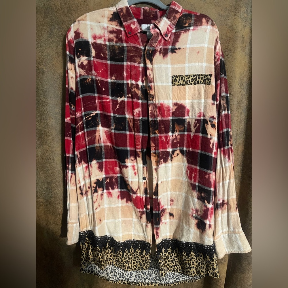 Red and Black Plaid Shirt with Leopard Accents